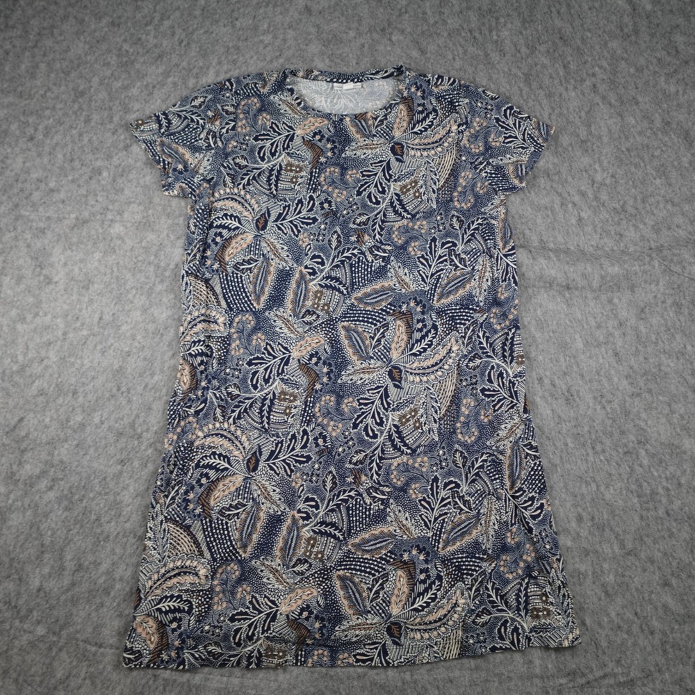 J Jill Dress Women Medium Blue Floral Short Sleeve Cotton Pockets Shift Knit